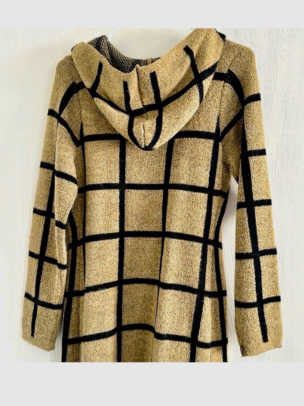 Long Hooded Grid-Pattern Cardigan - Camel/Black Size S - Picture 5 of 7